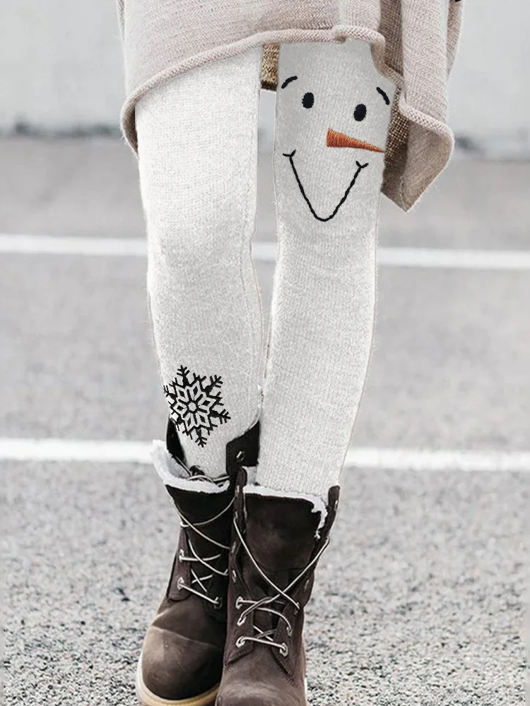 Snowman Face & Snowflake Embroidery Cozy Leggings