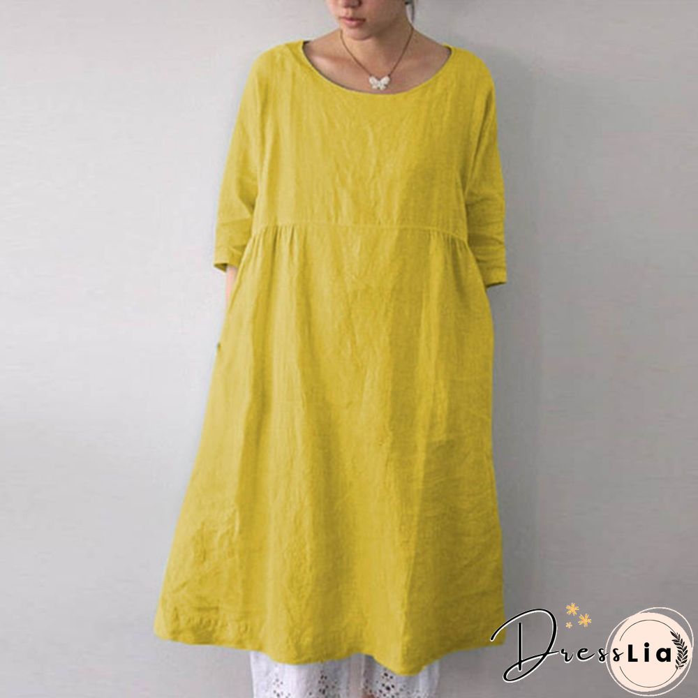 ZANZEA Women O-Neck 3/4 Sleeve Solid Color Loose Shirt Dress Kaftan Dress Plus Size S-5XL