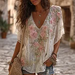Women's Retro Boho Pink Floral Embroidered Art V-neck Short Sleeve T-shirt - Image 2