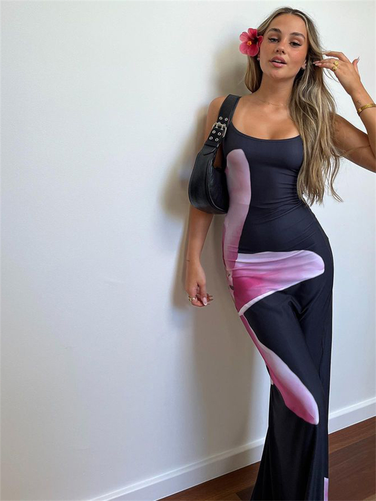 Ootddress Contrast Spaghetti Slim Maxi Dress Female Printed Off-Shoulder Fashion Holiday Beach Dress Patchwork Summer Party Dress