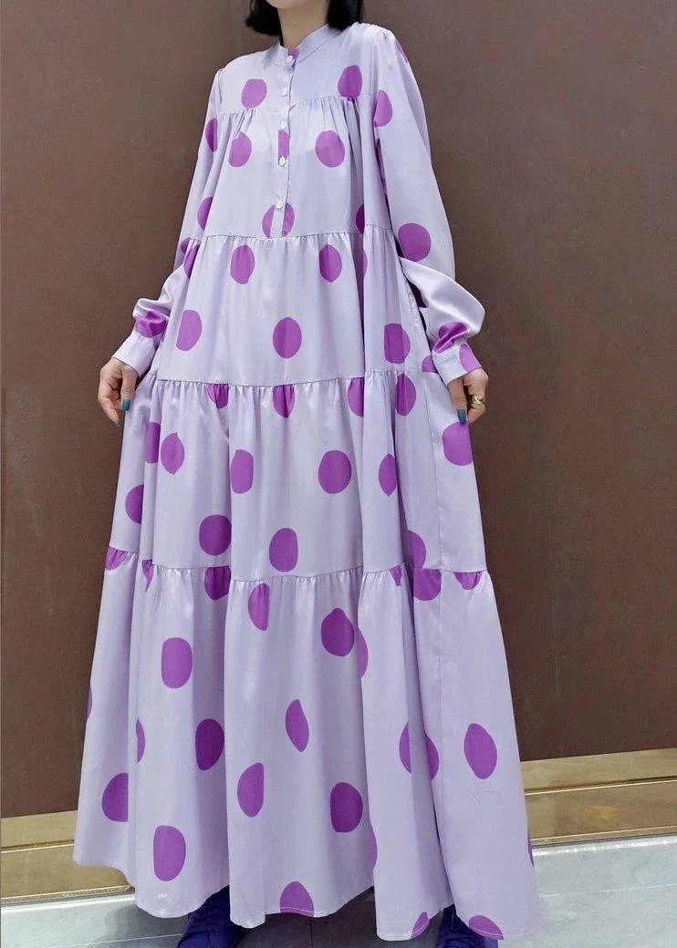 Unique Stand Collar Cinched Spring Outfit Photography Purple Dotted Loose Dresses