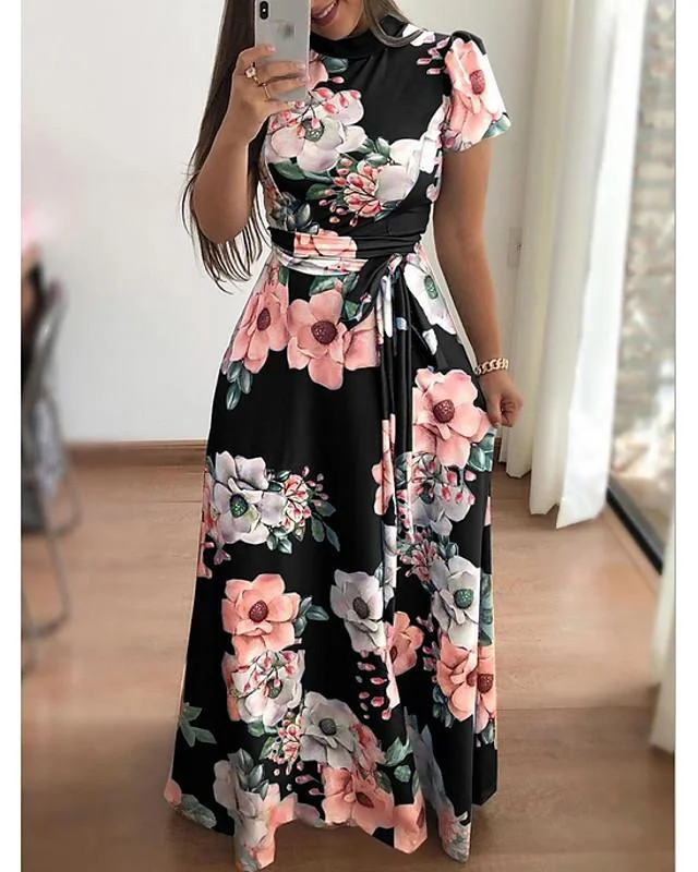 Women's A-Line Dress Maxi Long Dress - Short Sleeve Print Floral Print Turtleneck Hot Elegant Holiday Vacation Dresses Black Navy Blue Light Blue