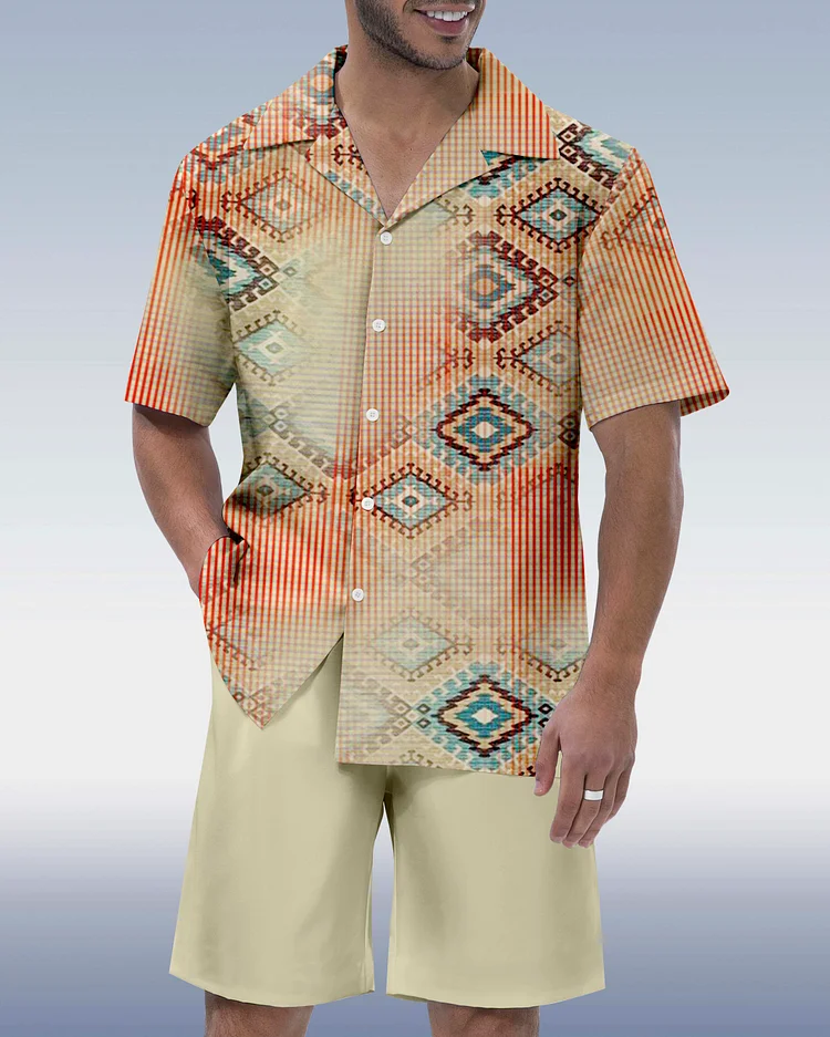 Men's Ombre Contrast Ethnic Print Hawaiian Vacation Short Sleeve Suit 069