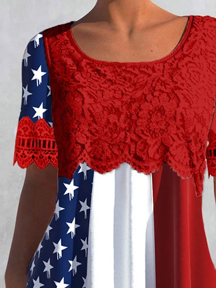 Women's Short Sleeve Scoop Neck Lace Stitching Graphic Top