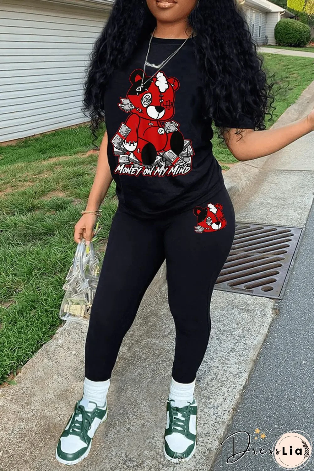 Cute Cartoon Printed Casual Black Plus Size 5XL Two Pieces Set