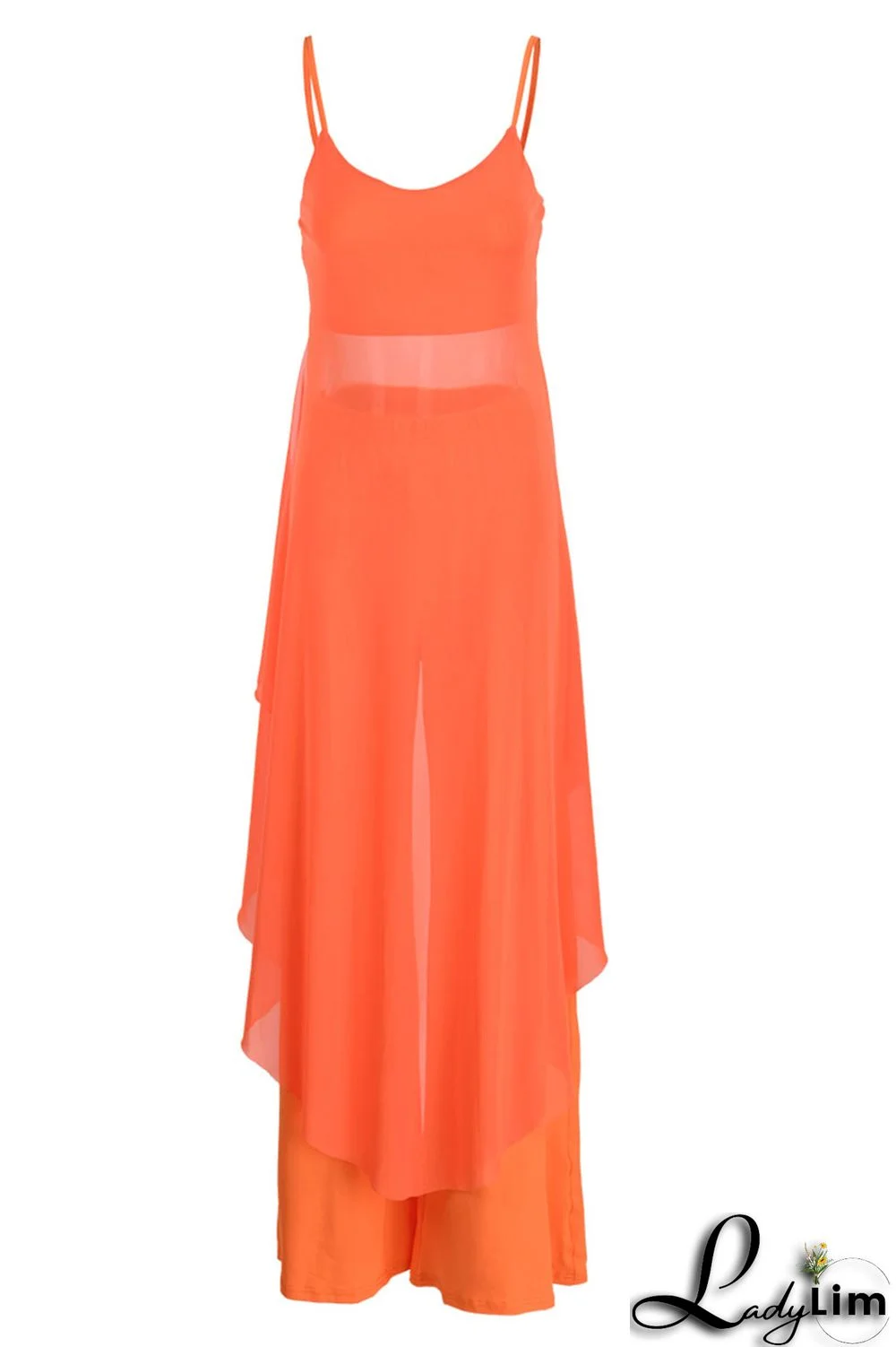 Tangerine Casual Solid Split Joint Asymmetrical Spaghetti Strap Sleeveless Two Pieces