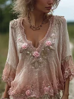 Boho Pink Roses Gradient Flare Flowy Linen Tunic