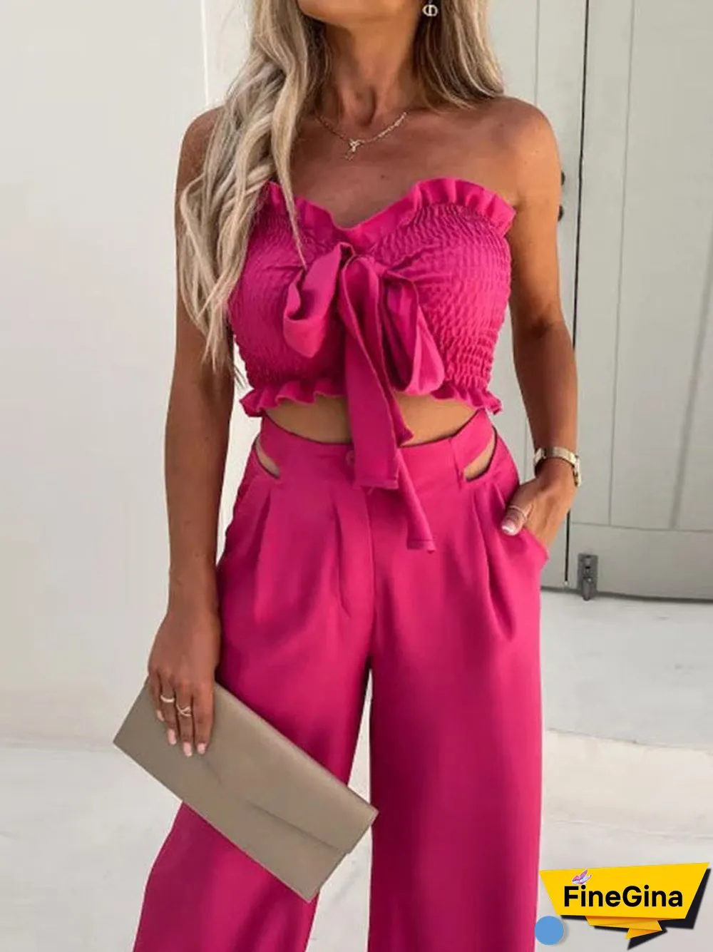 Women'S Sets Bow Cropped Top & Wide Leg Pants Two-Piece Set