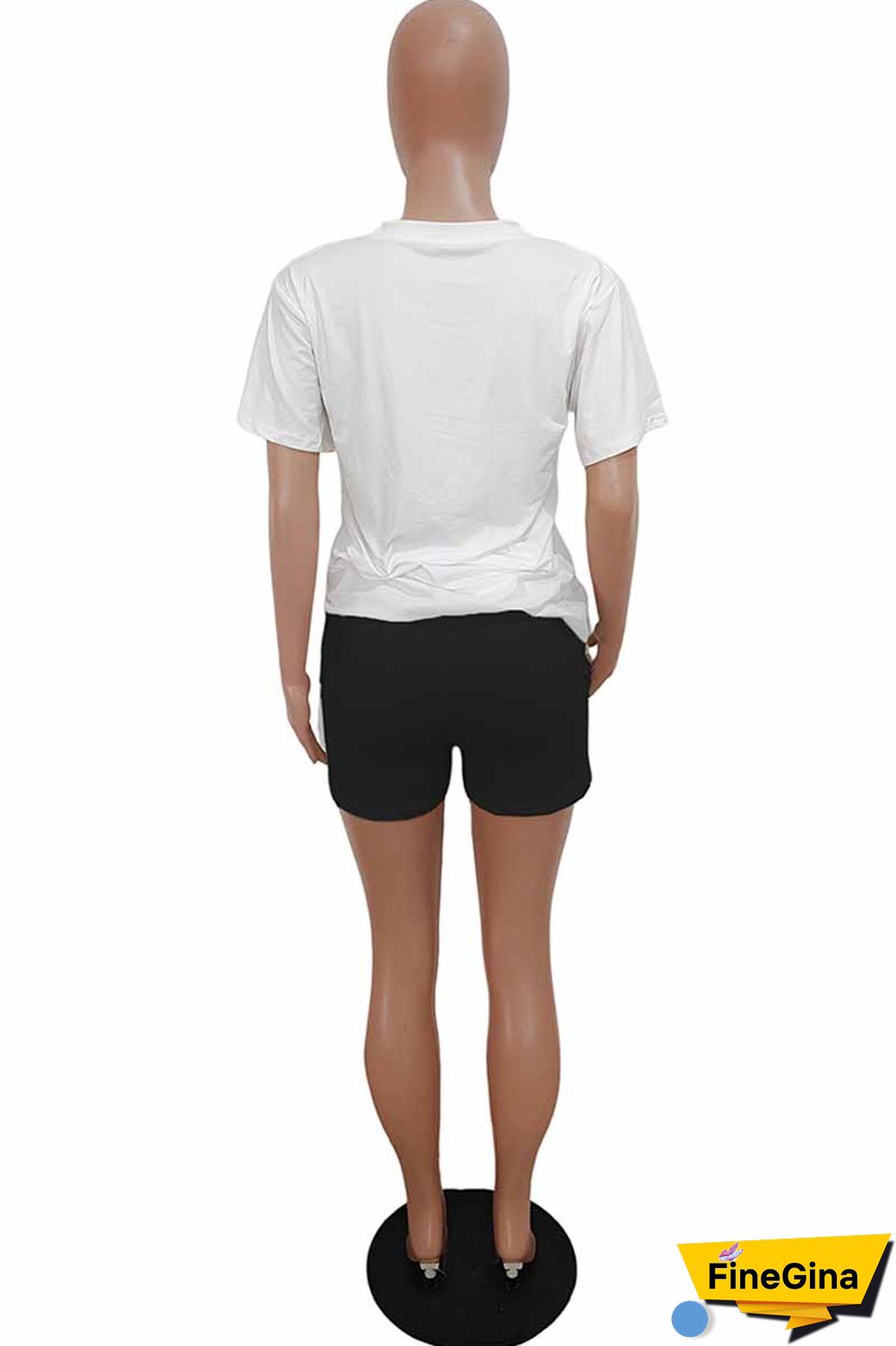 Black Casual Print Letter O Neck Short Sleeve Two Pieces