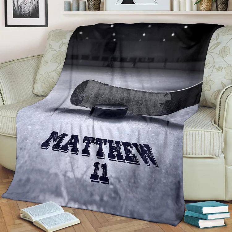 Personalized Hockey Blanket, Ice Hockey Sherpa Fleece Blanket | BKKid565