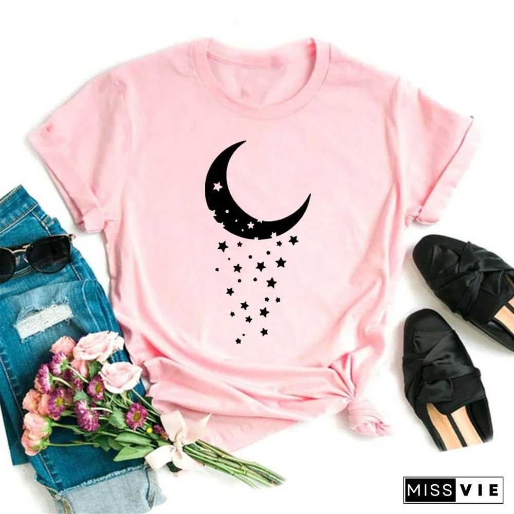 Maycaur Women Harajuku T Shirt New Moon Star Printed T Shirt O-Neck Summer Short Sleeve Tees Women Clothes Graphic T Shirts