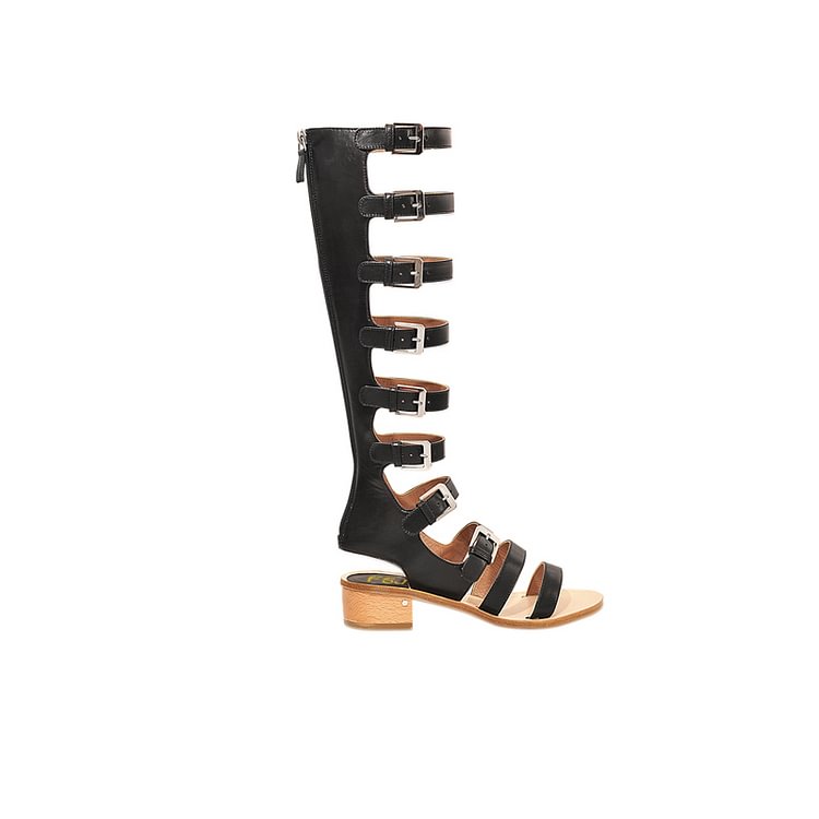 Women's Black Buckle Chunky Heel Gladiator Heels Sandals |FSJ Shoes