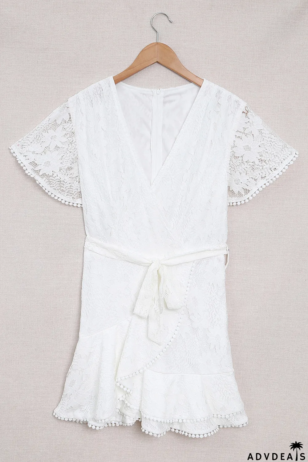 White Flutter Sleeve Wrap V Neck Floral Lace Short Dress