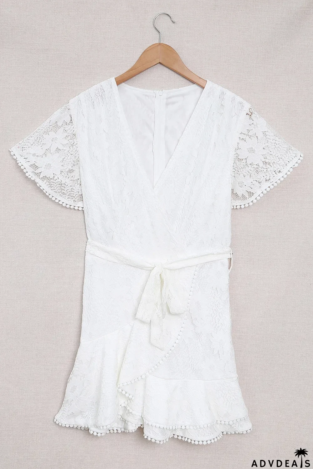 White Flutter Sleeve Wrap V Neck Floral Lace Short Dress
