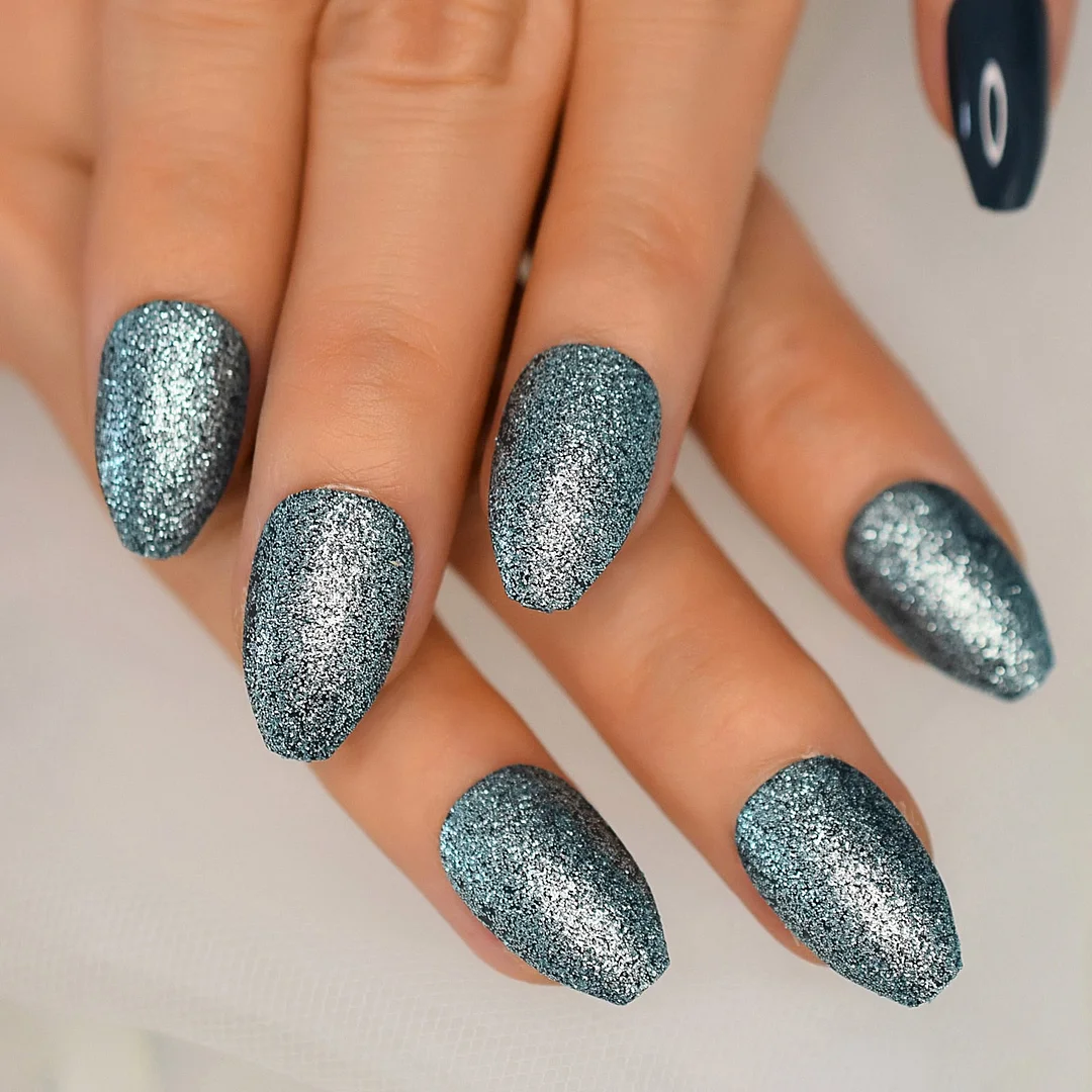 Holographic Silver Glitter Acrylic Nails Ombre French Fake Nails Coffin Shape Nude Nail Art Tips Pre-designed-Nail Inspo