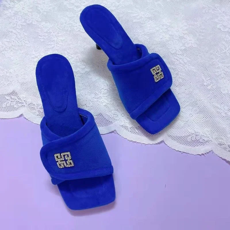 Women's Slippers 2021 Winter Square Toe Velvet Slippers Thin Heels Chic Bling Rhinestone Slides Ladies Fashion Flip Flop Shoes