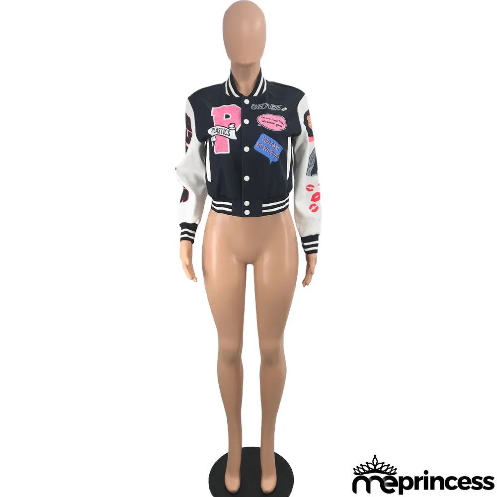 Women's Fashion Printed Baseball Jacket Bomber Coat