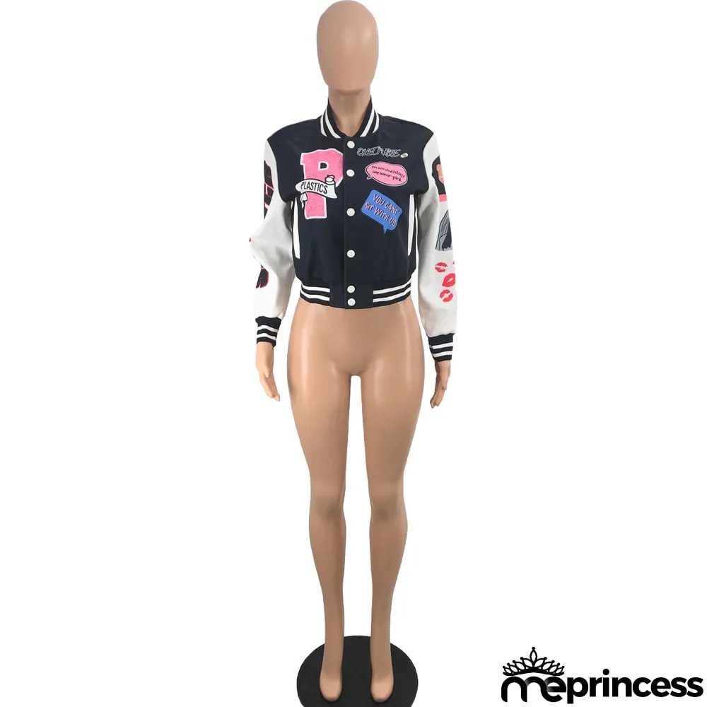 Women's Fashion Printed Baseball Jacket Bomber Coat