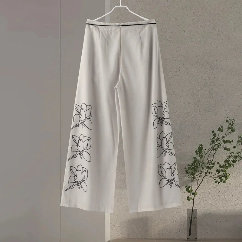 Huiketi Print Cotton Linen Women Pants Set Oversize Lantern Sleeve Lapel Top Lace Up Wide-leg Trousers 2024 Spring Lady Suits