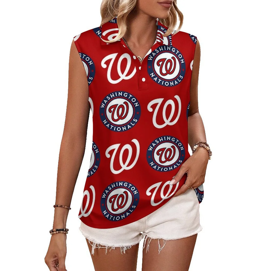 V-neck Sleeveless Casual POLO Shirt Tank Top for Women Printed with Pattern , Blue, Red