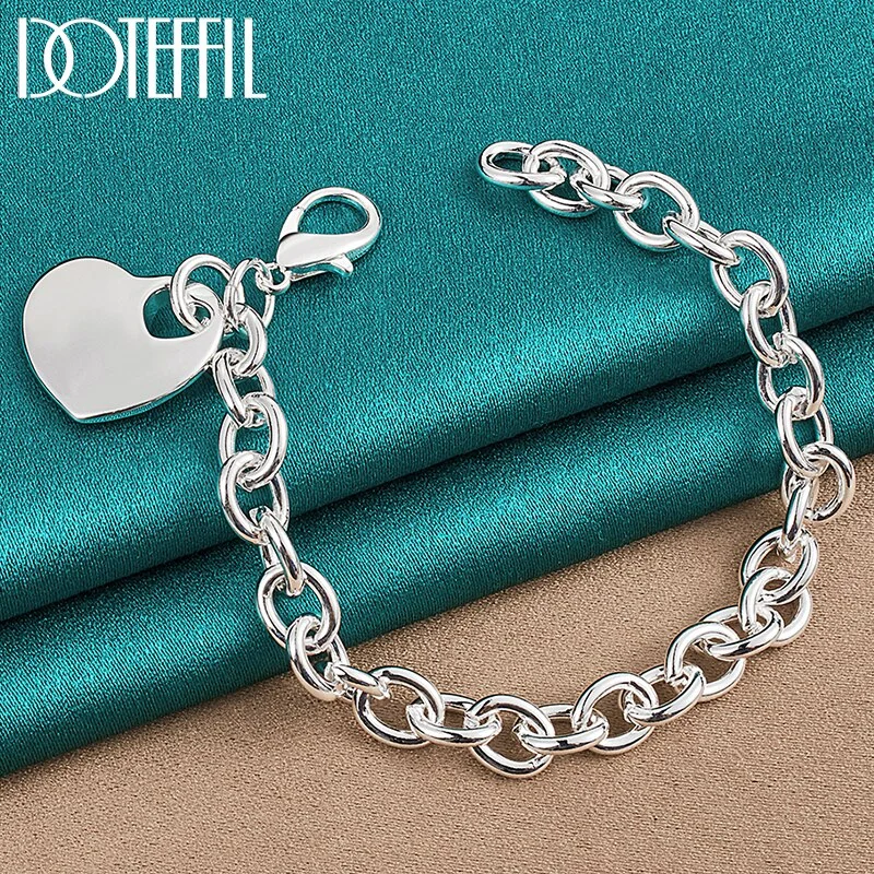 925 Sterling Silver Solid Heart Pendant Bracelet Thick Chain For Woman Jewelry