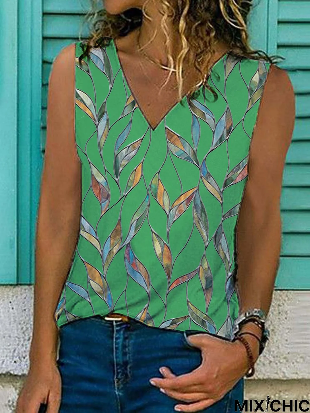 Leaves Sleeveless  Printed  Cotton-blend  V neck Holiday Summer Green Top