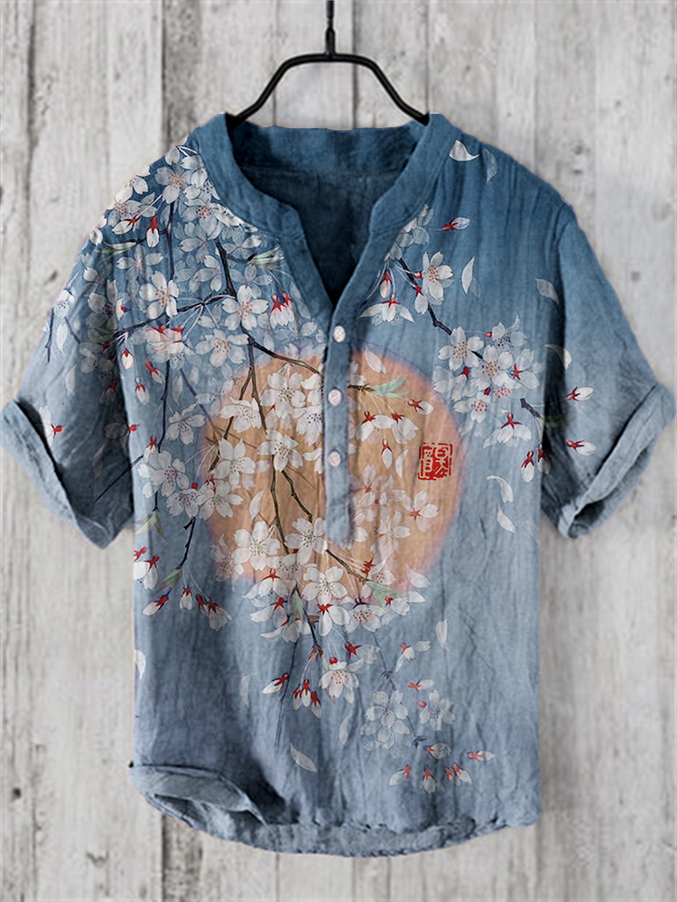 Cherry Blossom Full Moon Japanese Art Linen Blend Shirt wearshes