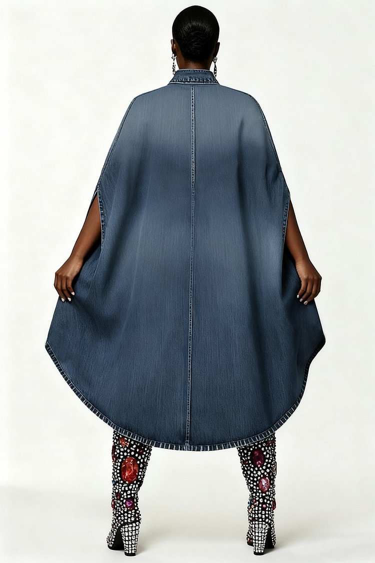 Xpluswear Design Plus Size Party Blue Shirt Collar Half Sleeve Drilling Casual Asymmetric Hem Denim Mini Dresses [Pre-Order]