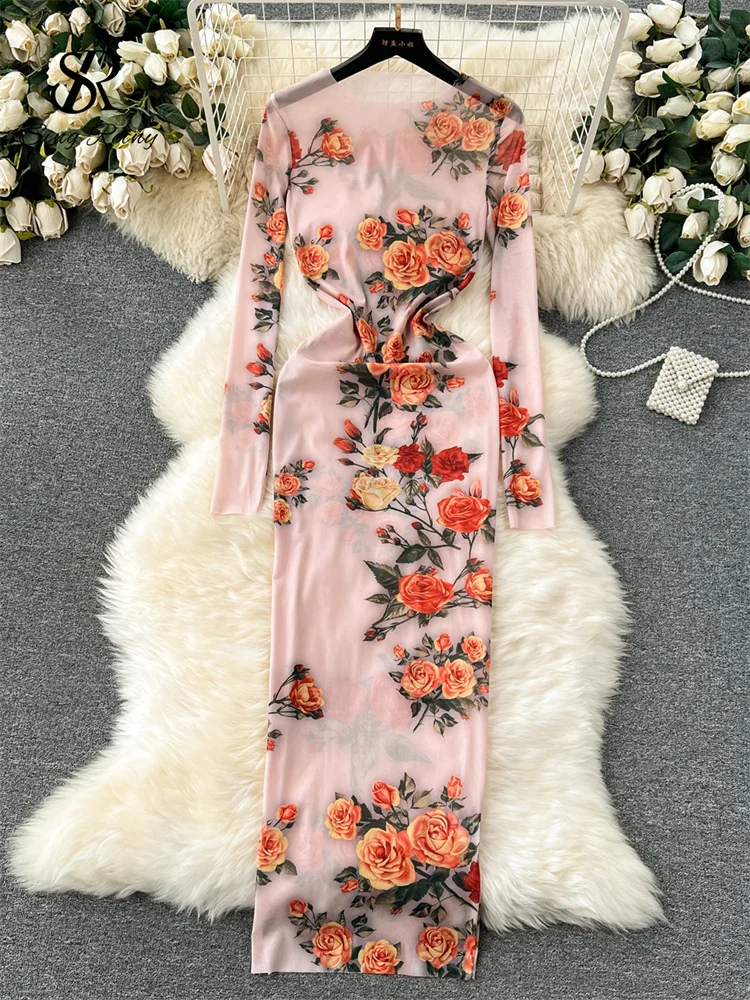 Huibahe Autumn Sexy Long Dress Fashion O Neck Long Sleeves Slim Korean Mesh Sheer Floral Print Maxi Dress