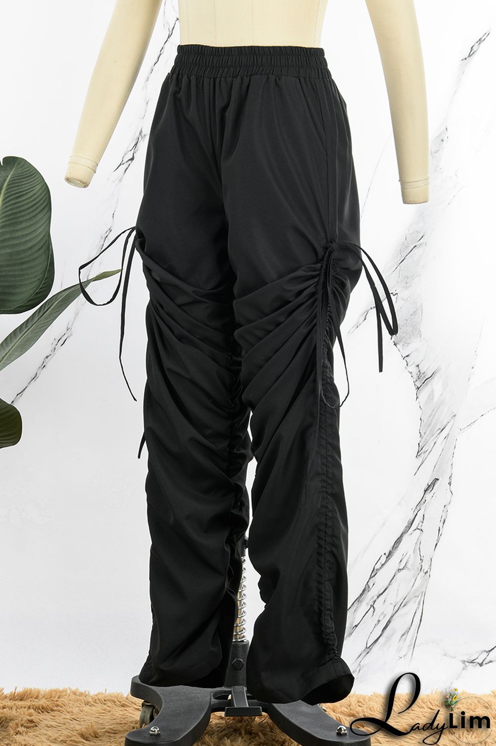 Green Casual Solid Patchwork Draw String Fold High Waist Pencil Solid Color Bottoms