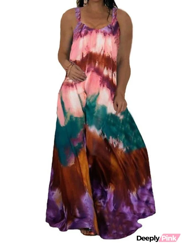 Women's Plus Size Casual Dress Slip Dress Tie Dye Long Dress Maxi Dress Sleeveless Backless Print Strap Fashion Daily Yellow Pink Spring Summer L XL XXL 3XL 4XL