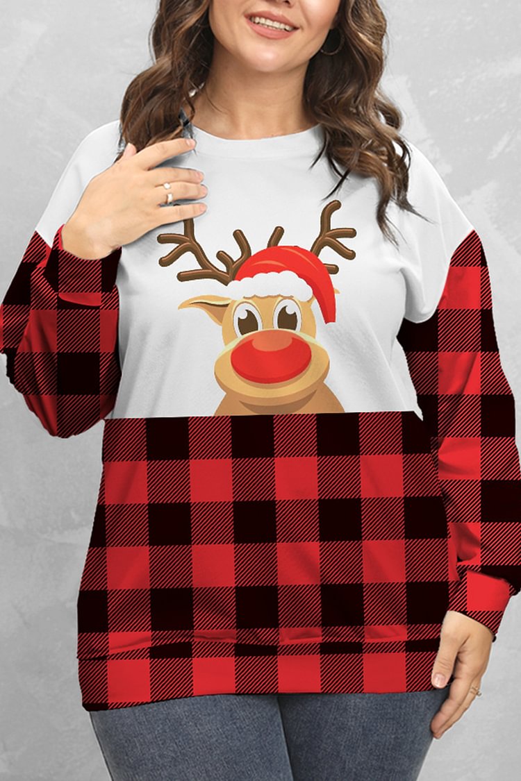 Flycurvy Plus Size Christmas Red Elk Plaid Print Stitching Sweatshirt  flycurvy [product_label]