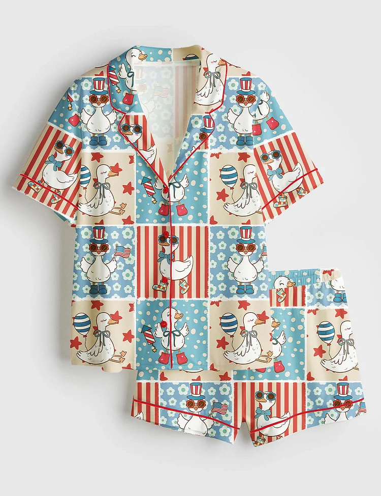 Women&rsquo;s 4th Of July Goose Patriotic Goose America Coquette Short Sleeve Satin Pajama Set