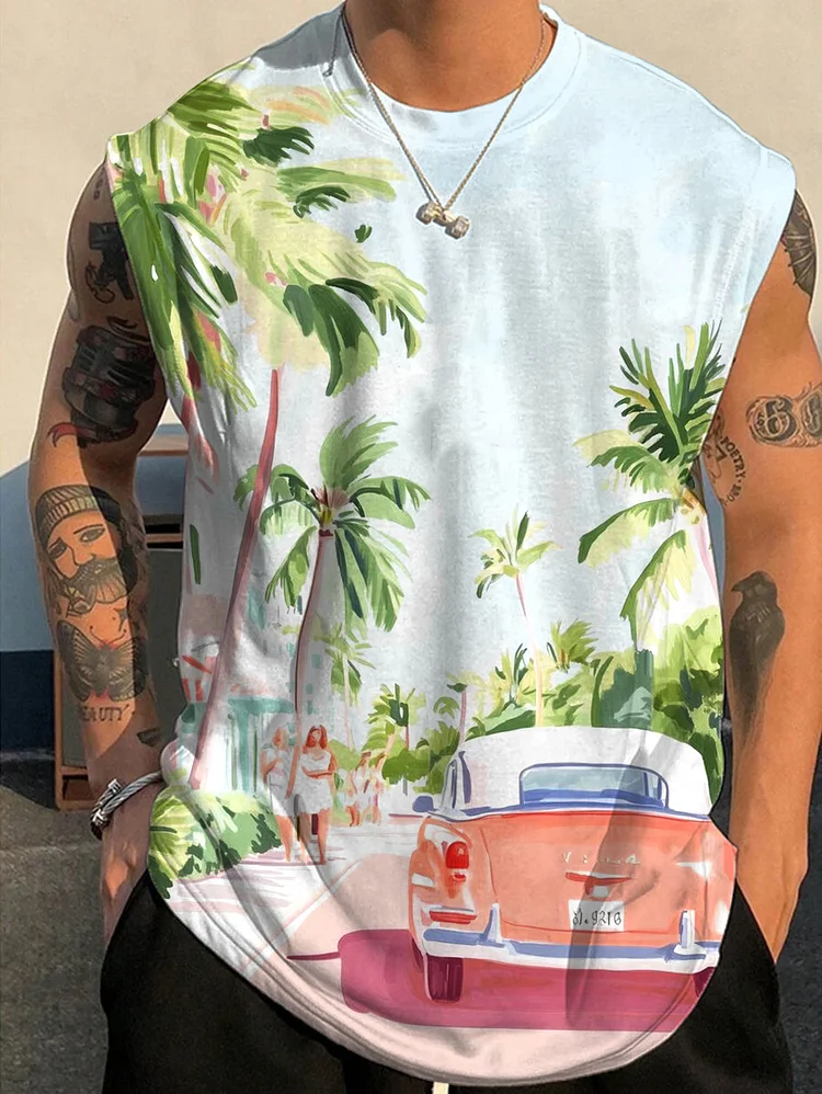 Men's Tropical Plants Car Watercolor Art Printed Vacation Tank Top