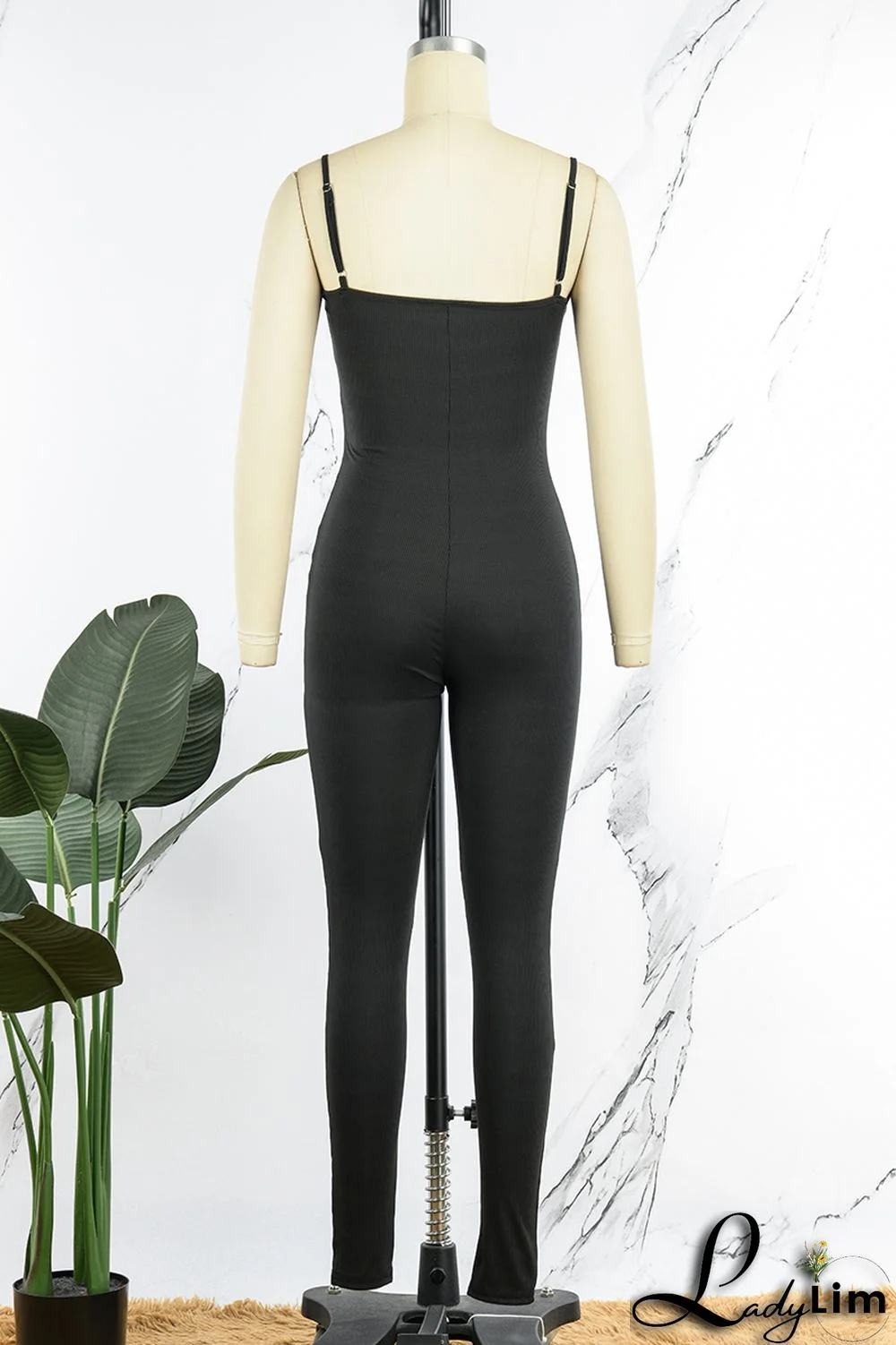 Grey Sexy Casual Sportswear Solid Backless Spaghetti Strap Skinny Jumpsuits