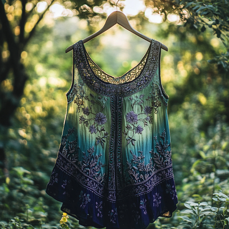 VChics Boho Lavender Art Linen Patchwork Art Sleeveless Tank Top