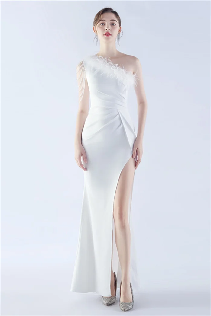 Bellasprom Mermaid One Shoulder Evening Dress Front Split Long With Feather