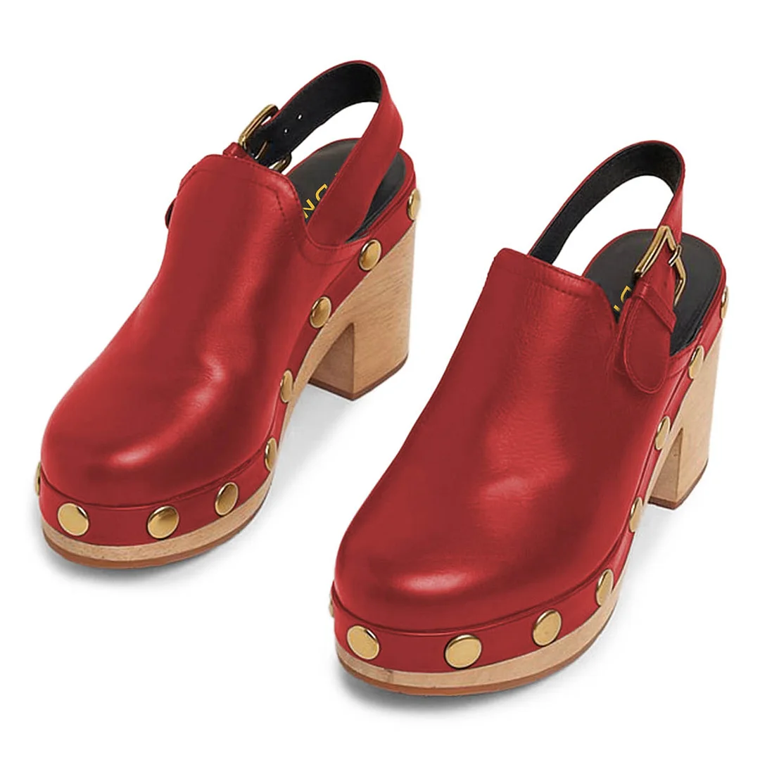 Vegan Leather Round Toe Slingback Red Platform Heels with Studs