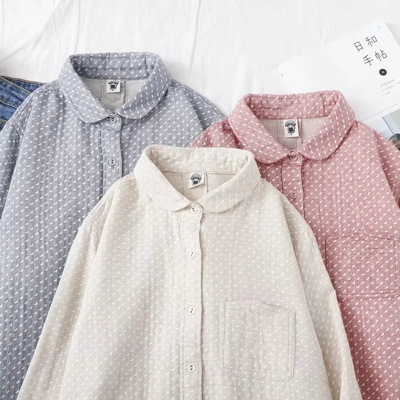 Autumn New Women Cotton Turn Down Collar White Shirt Long Sleeve Pockets Dot Blouse Button Up Loose Spring Casual Tops T09406F