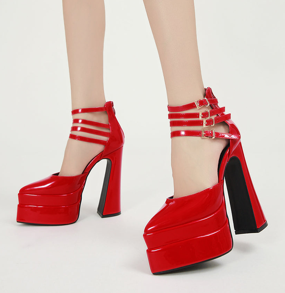 Red Patent Leather Ankle Strap Heels Pointed Toe Platform Pumps Nicepairs