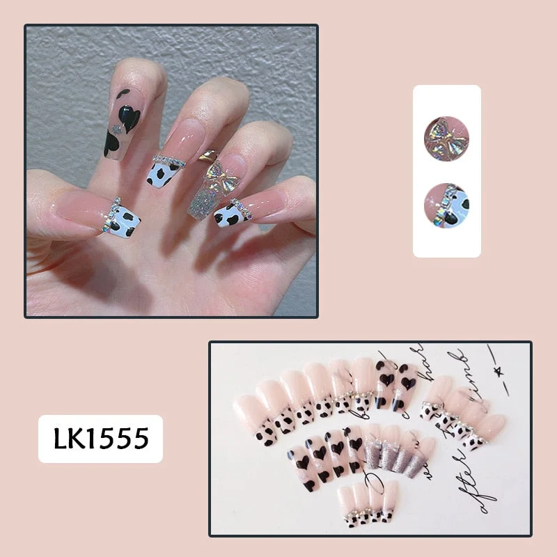 24pcs/box press on nails coffin Halo dyeing gold pink Diamond inlay Manicure patch false nails with glue for girls free shipping-Nail Inspo