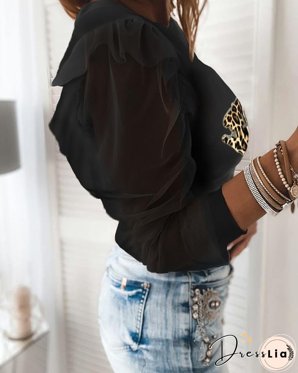 Sheer Mesh Cheetah Lip Print Puffed Sleeve Top P14713
