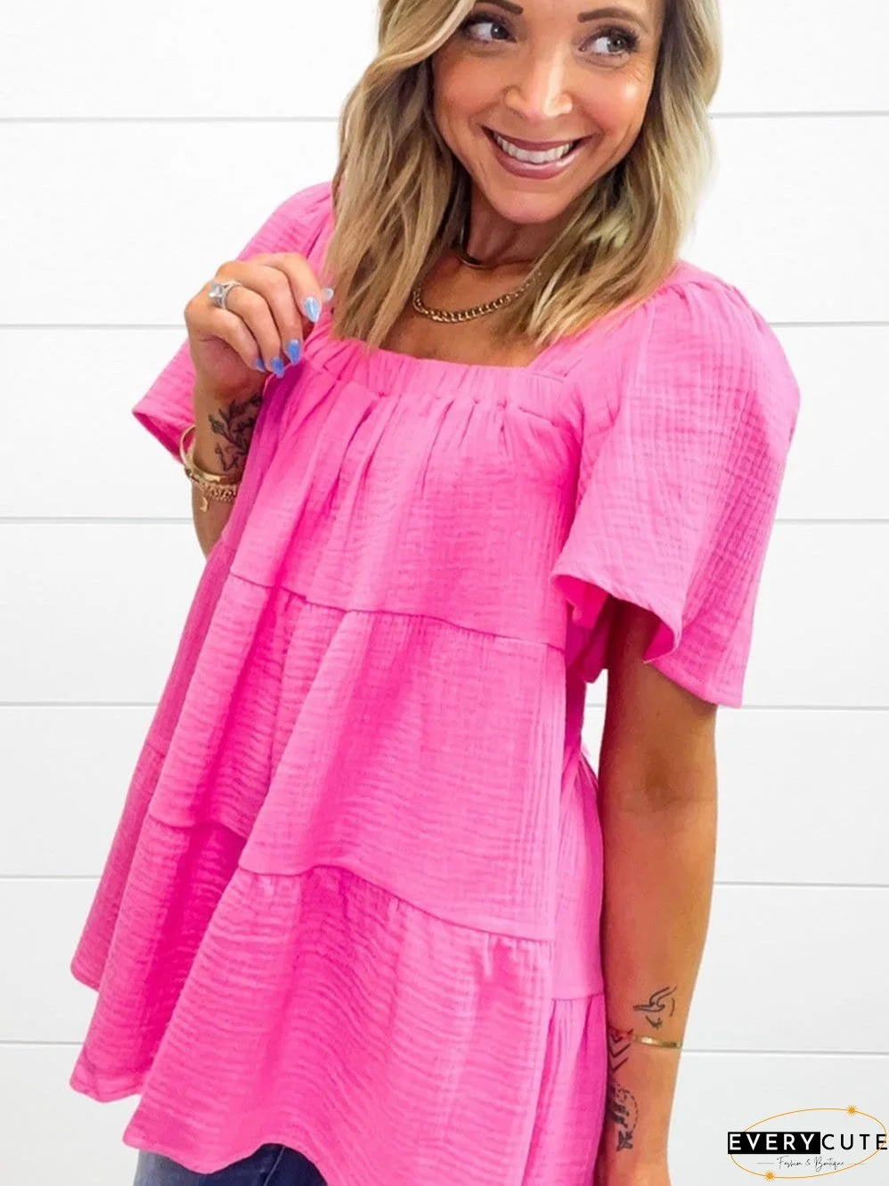 Bold Pink Ruched Square Neck Flutter Sleeve Cotton Blouse