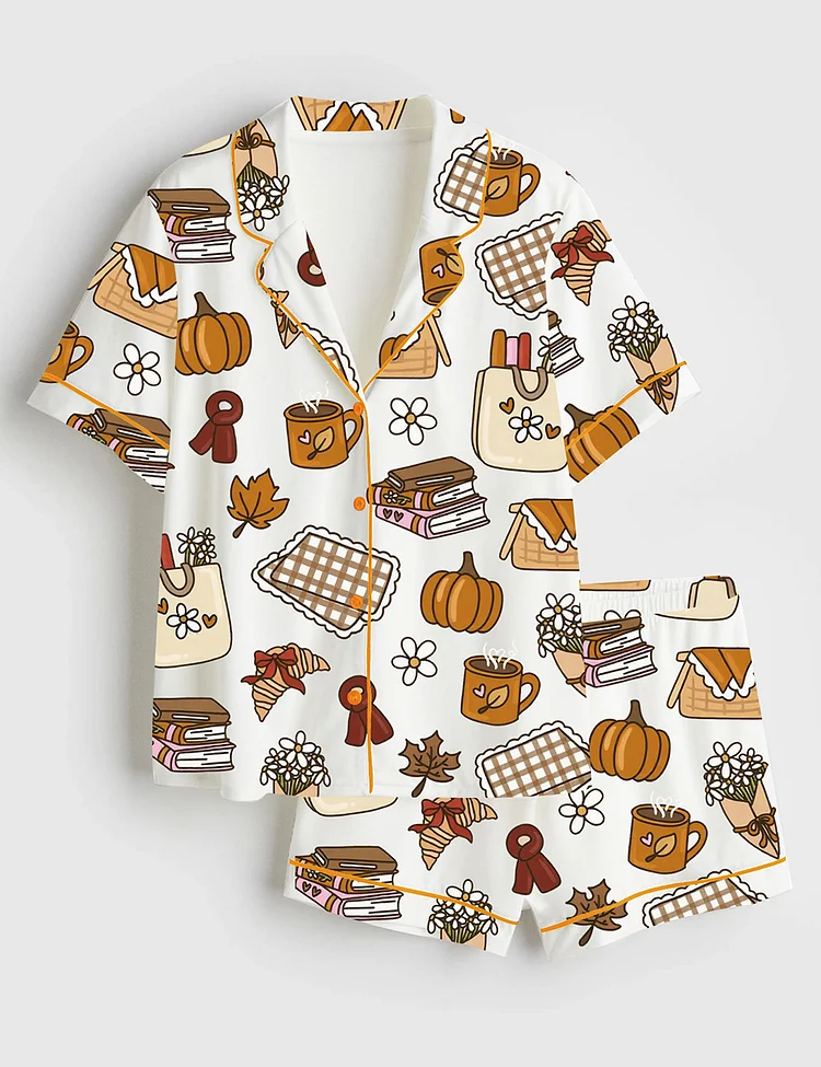 Women&rsquo;s Retro Fall And Halloween Pumpkin Cozy Fall Picnic Reading Books And Coffee Print Short Sleeve Satin Pajama Set