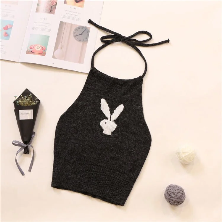 Billionm Crop Top Women Rabbit Halter Top Knitting Sexy Sleeveless Tank Top Breathable Clothing 2022 Summer New