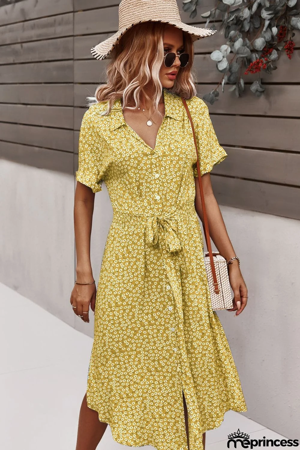 Floral Tie Front Slit Dress