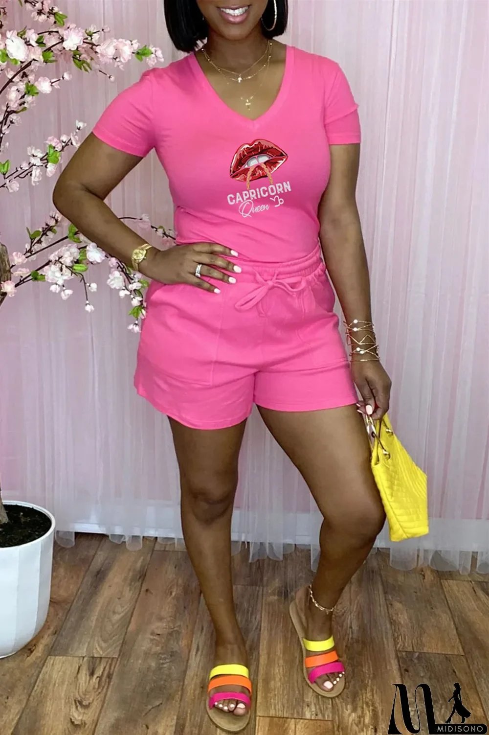 MidiSono - Rose Red Fashion Casual Lips Printed Basic V Neck Short Sleeve Two Pieces