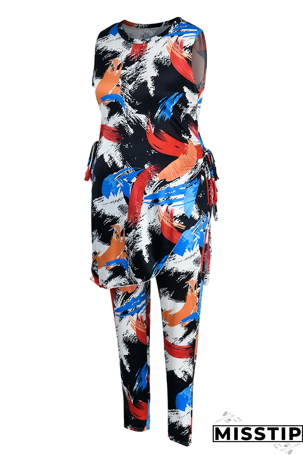 Black White Fashion Print Draw String O Neck Plus Size Two Pieces