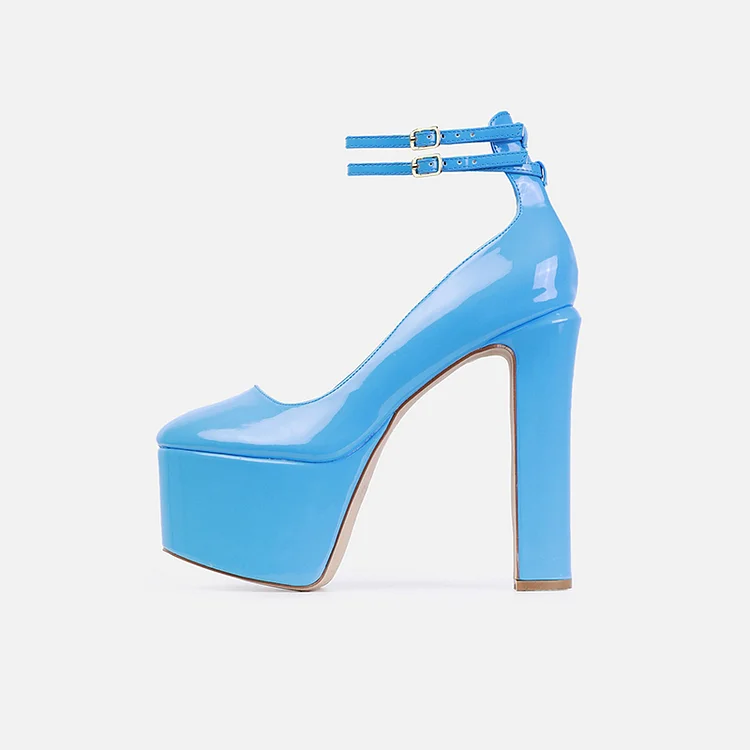 Blue Platform Pumps Almond Toe Chunky Heels Ankle Straps Shoes Vdcoo