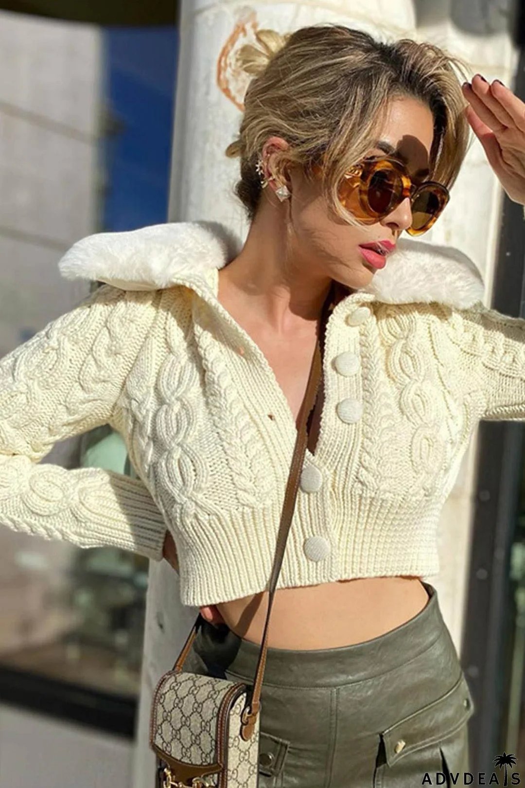 Fuzzy Lapel Cable Knit Cardigan